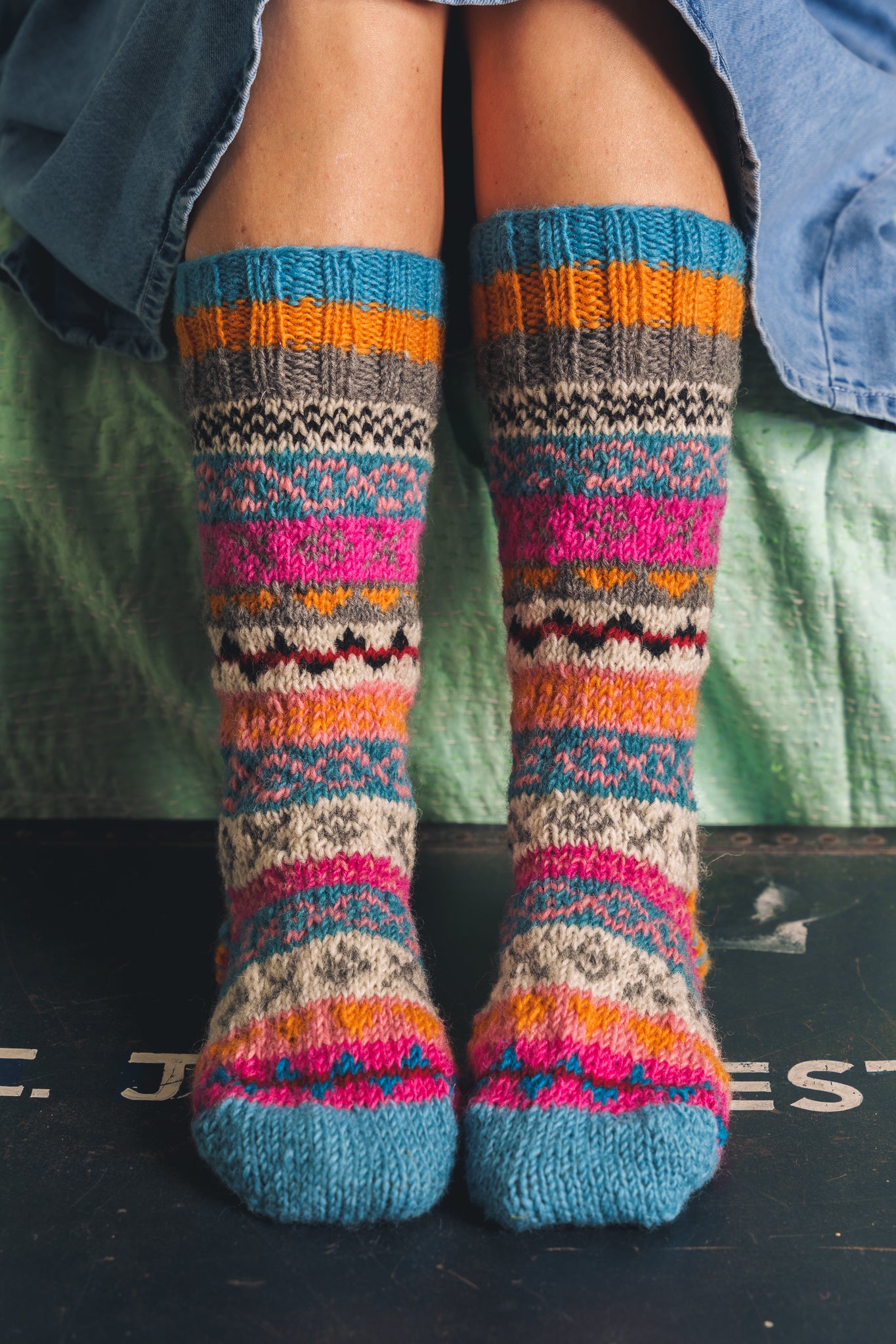 Fuchsia, Mustard and Blue Hand Knitted Fair Isle Socks