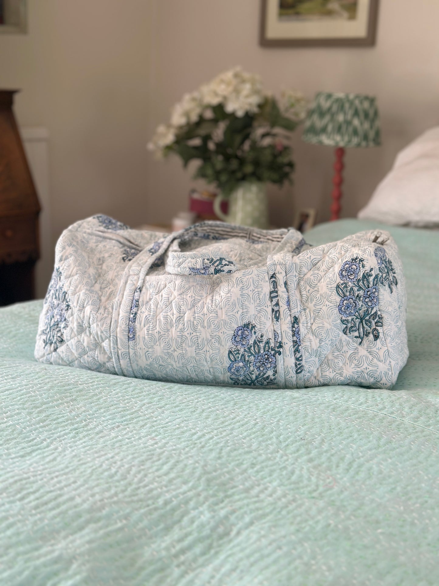 French Blue Floral Block Print Duffel Bag