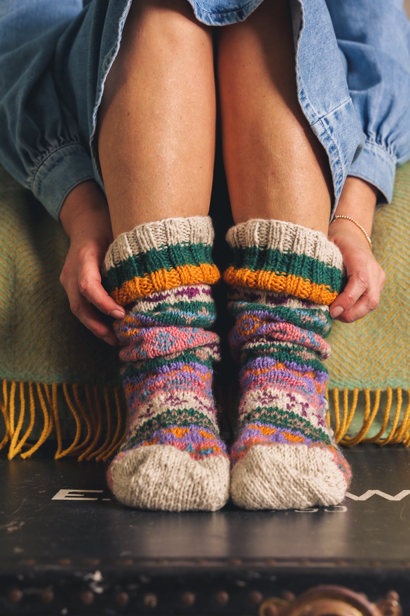 Spruce and Saffron Hand Knitted Fair Isle Socks