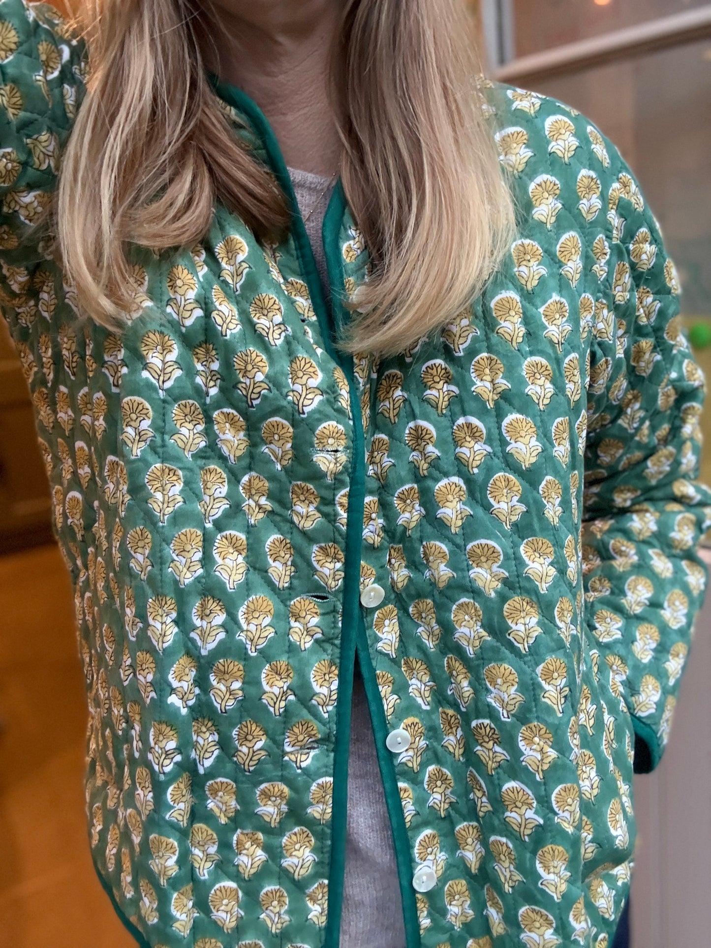 Emerald Block Print Quilted Jacket