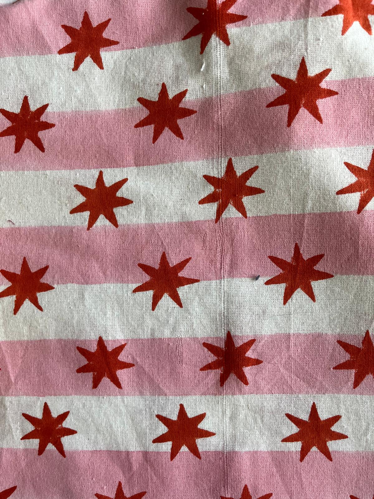 SECONDS Coral Star and Pink Stripe Block Print Tablecloth
