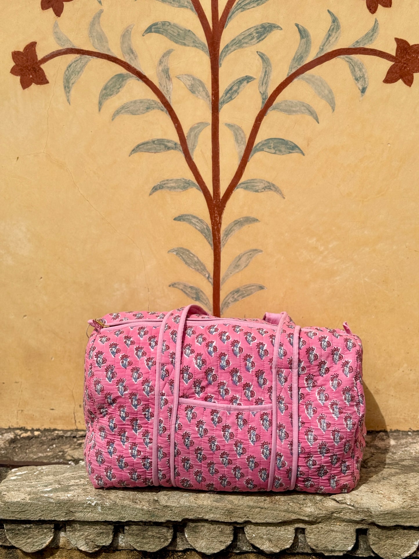 Pink Sprig Block Print Duffle Bag