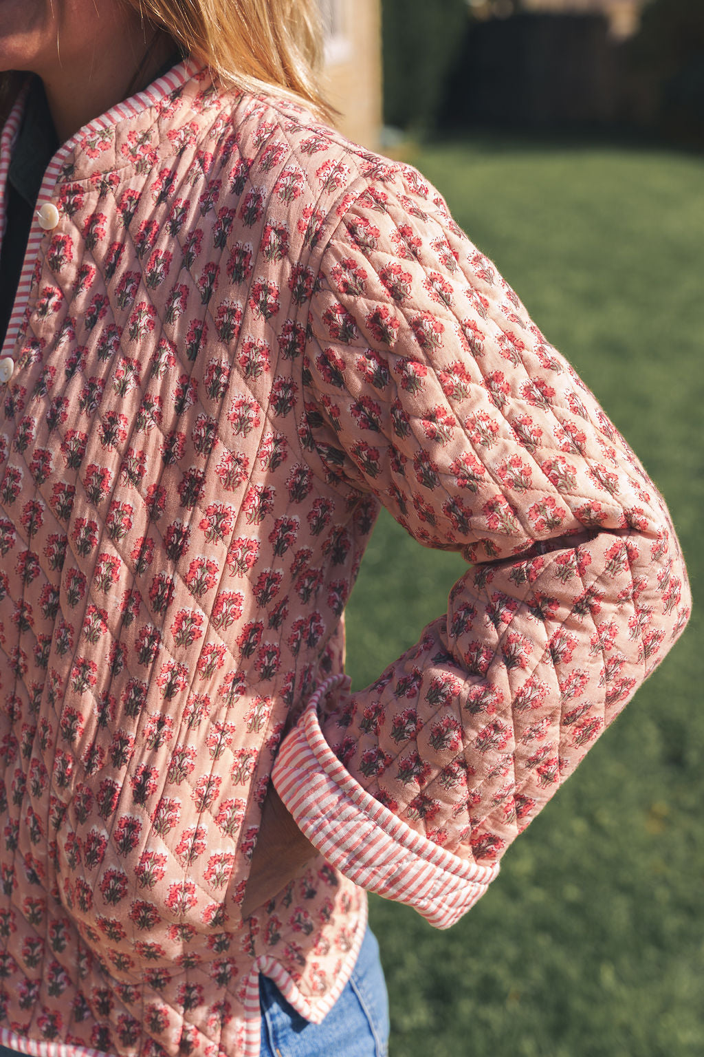 Peachy Pink Block Print Quilted Jacket