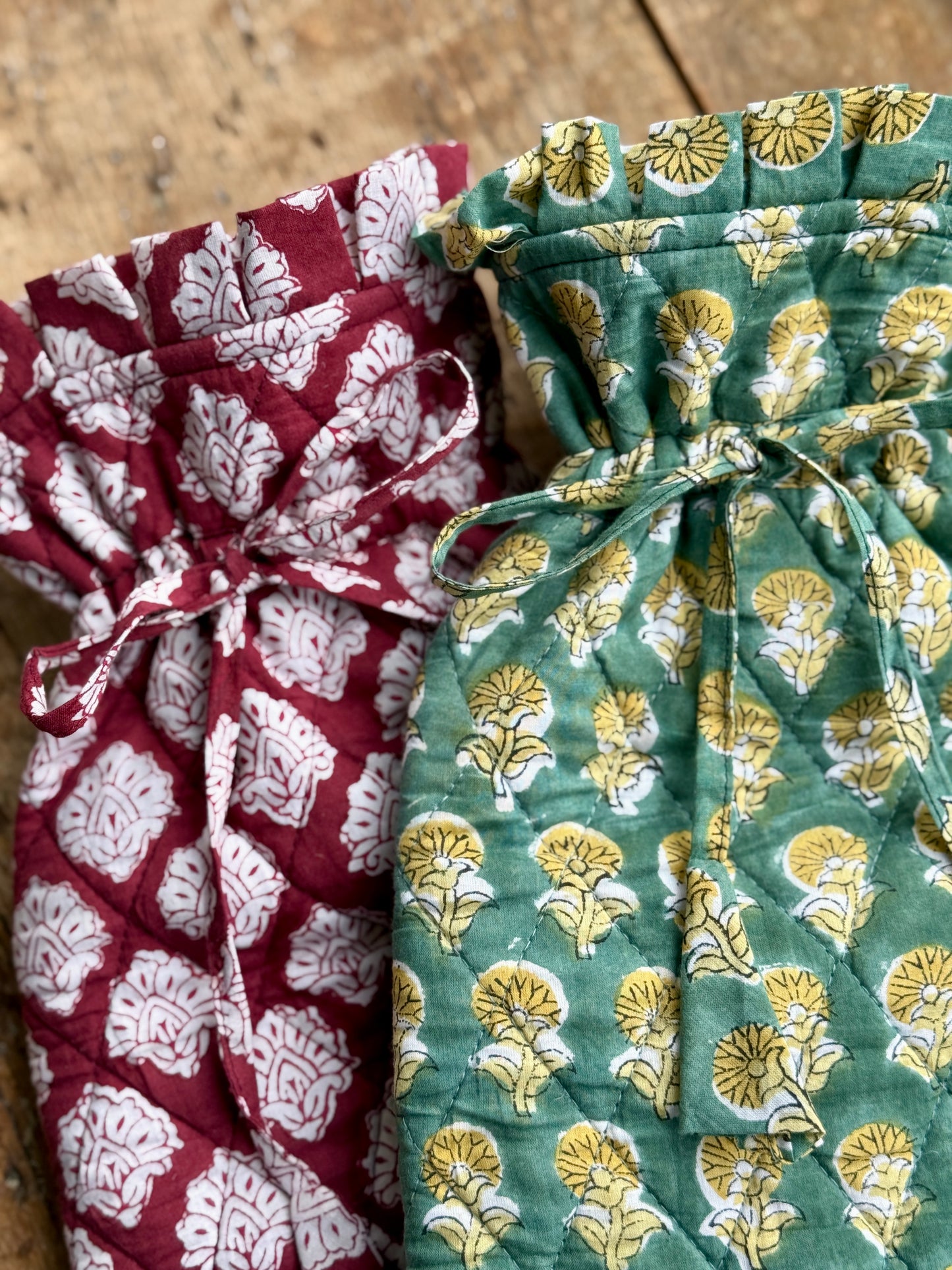 Quilted Block Printed Hot Water Bottle Covers