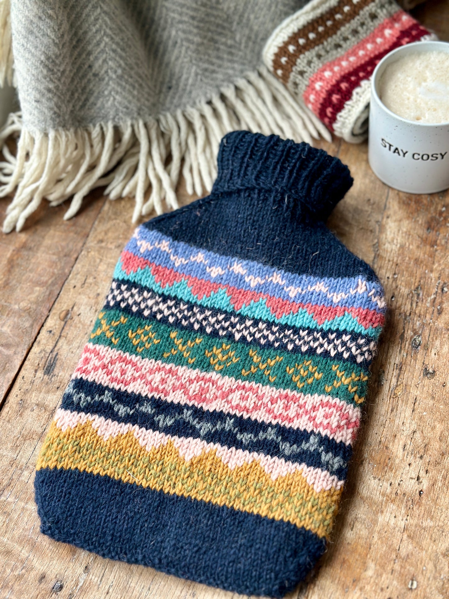 Dark Blue, Coral & Ochre Hand Knitted Fair Isle Hot Water Bottle