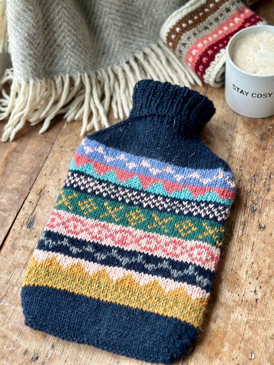 Dark Blue, Coral & Ochre Hand Knitted Fair Isle Hot Water Bottle