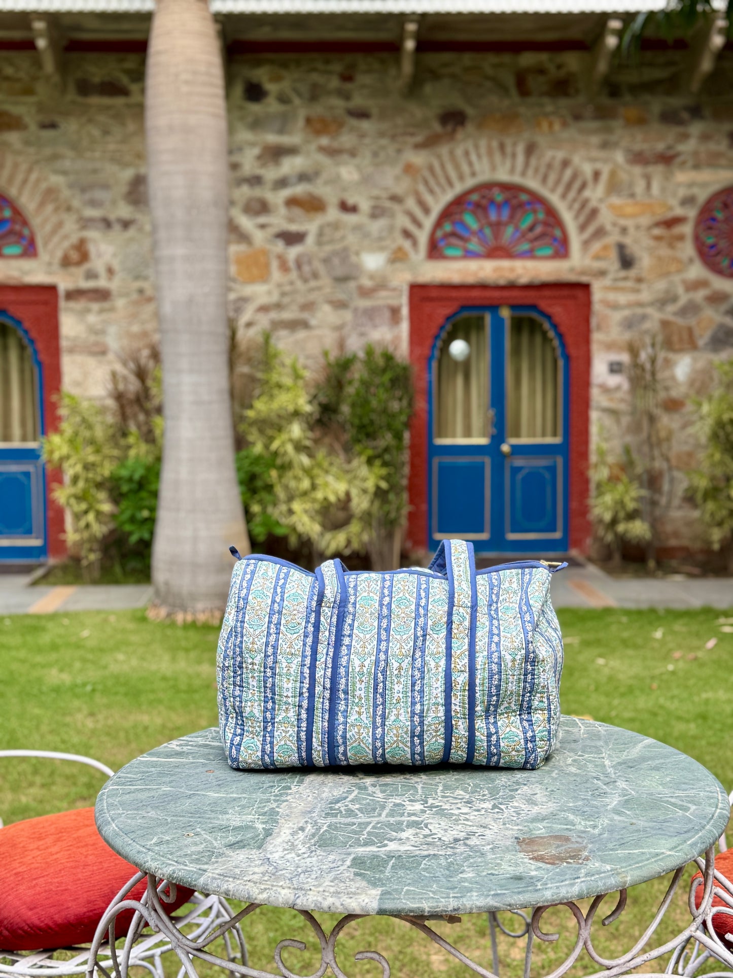 Blue Border Block Print Duffle Bag