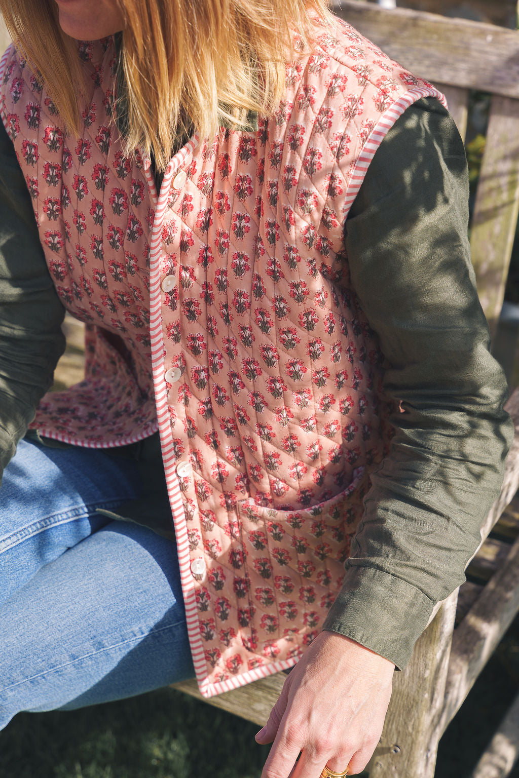 Peachy Pink Block Print Quilted Gilet