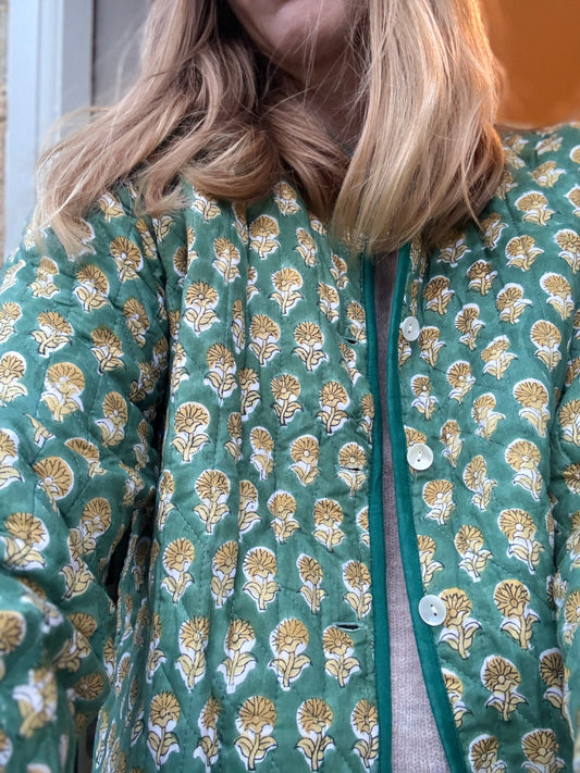 Emerald Block Print Quilted Jacket