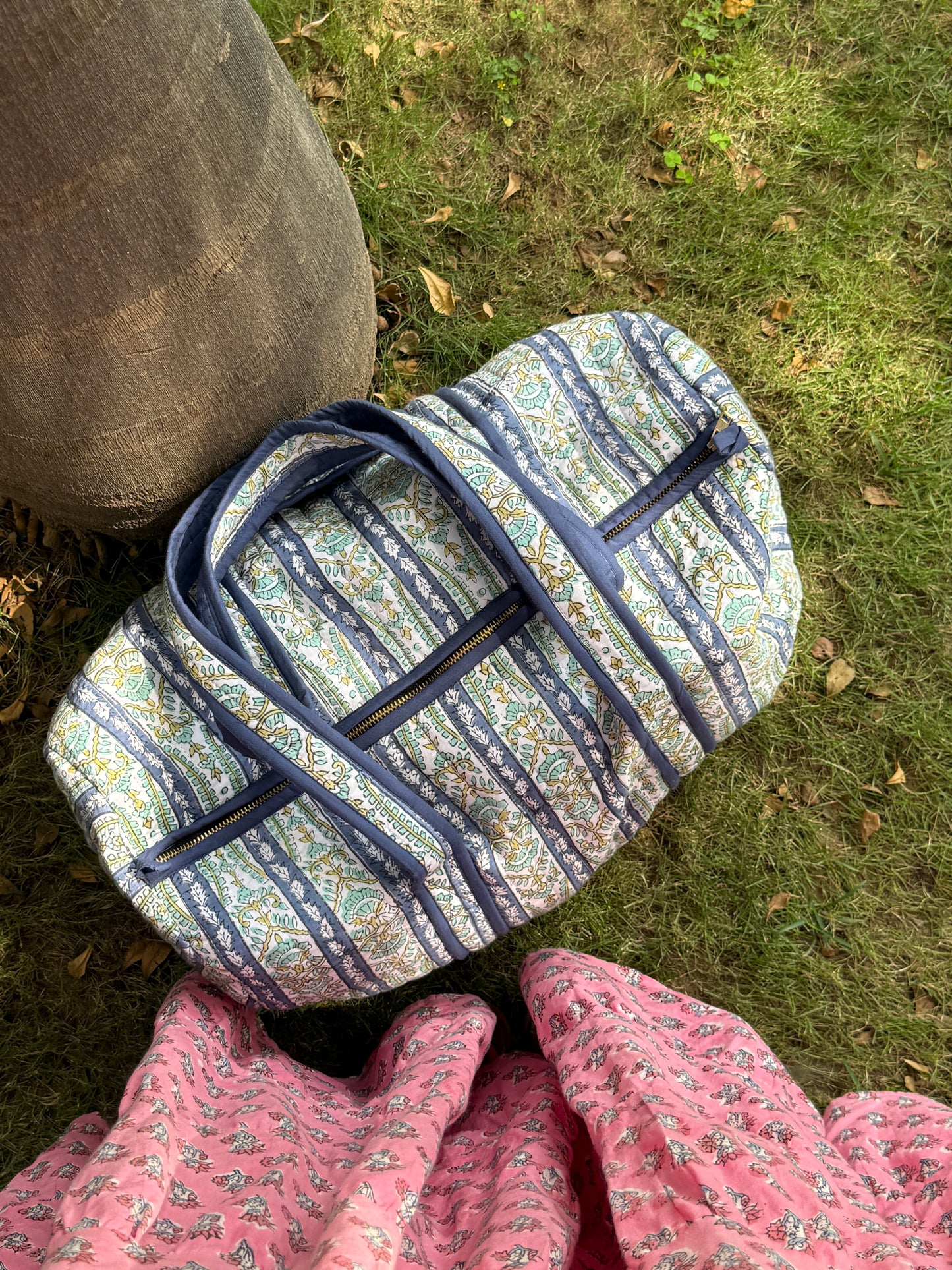 Blue Border Block Print Duffle Bag