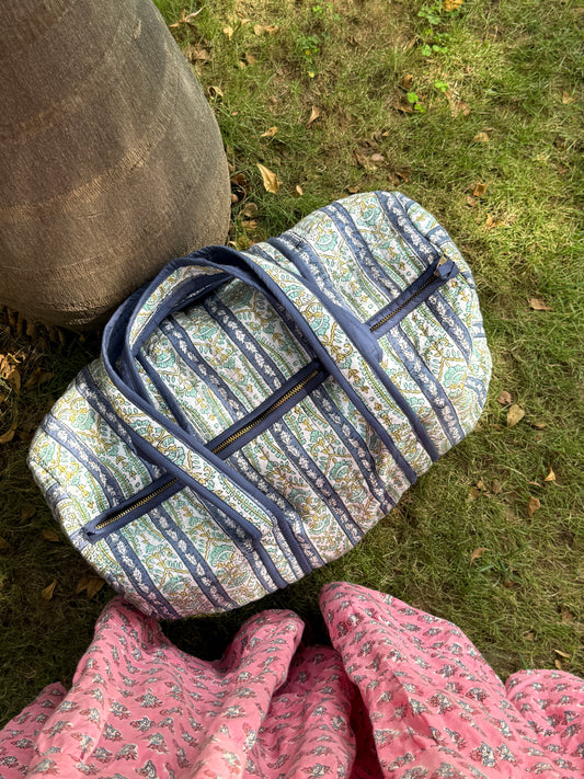 Blue Border Block Print Duffle Bag