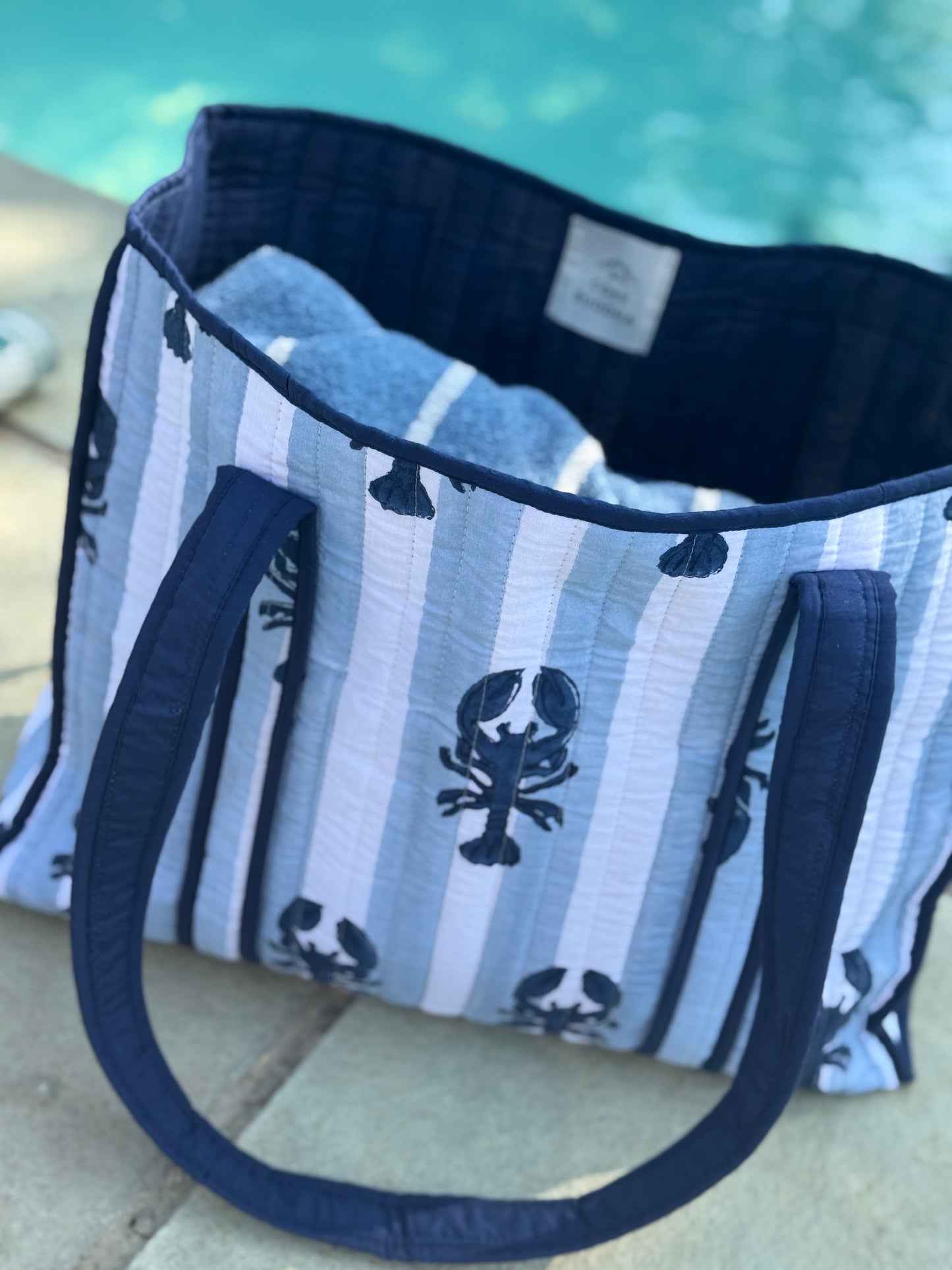 Blue Stripe Lobster Block Print Tote