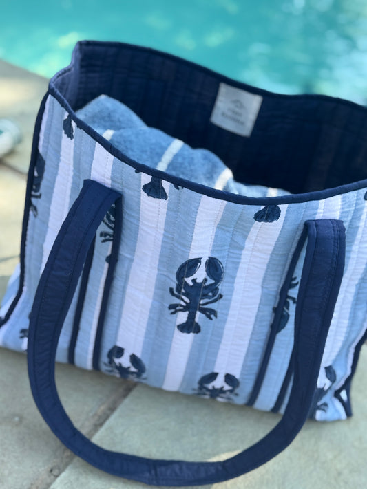 Blue Stripe Lobster Block Print Tote