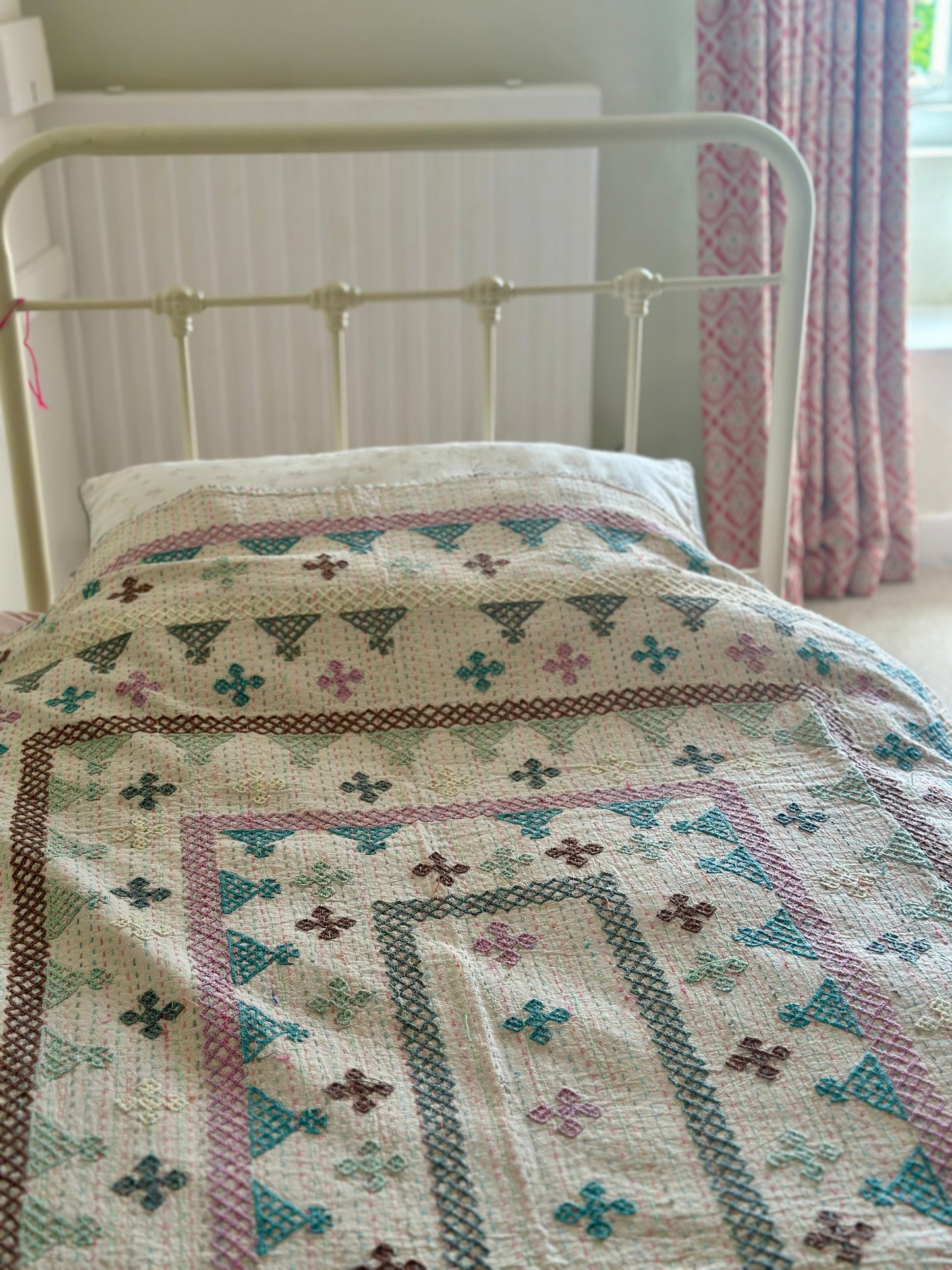 Teal, Mint & Tea Rose Single Kantha Quilt