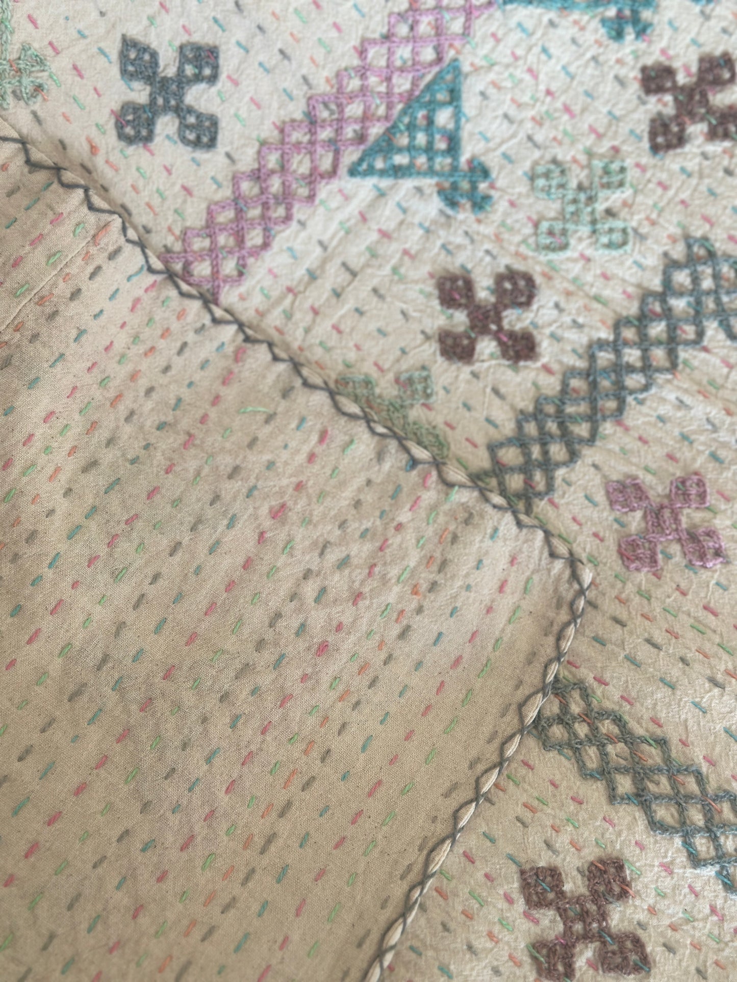 Teal, Mint & Tea Rose Single Kantha Quilt