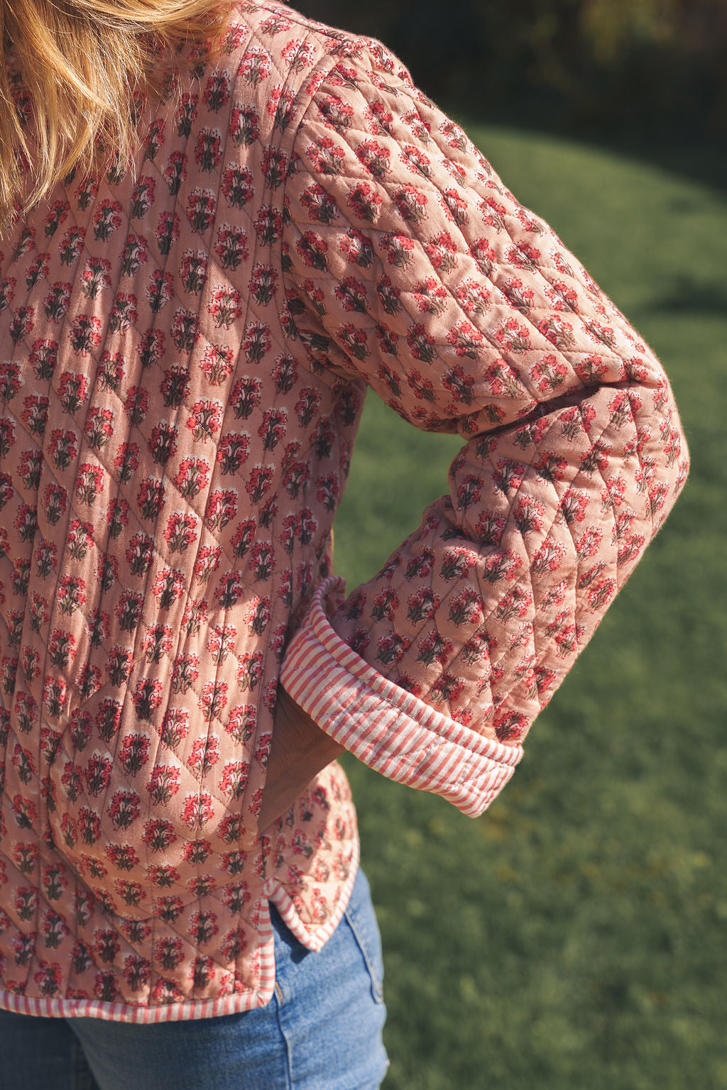 Peachy Pink Block Print Quilted Jacket