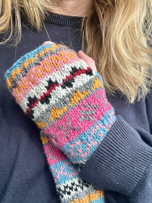 Fuchsia, Mustard and Blue Hand Knitted Fair Isle Wrist Warmers