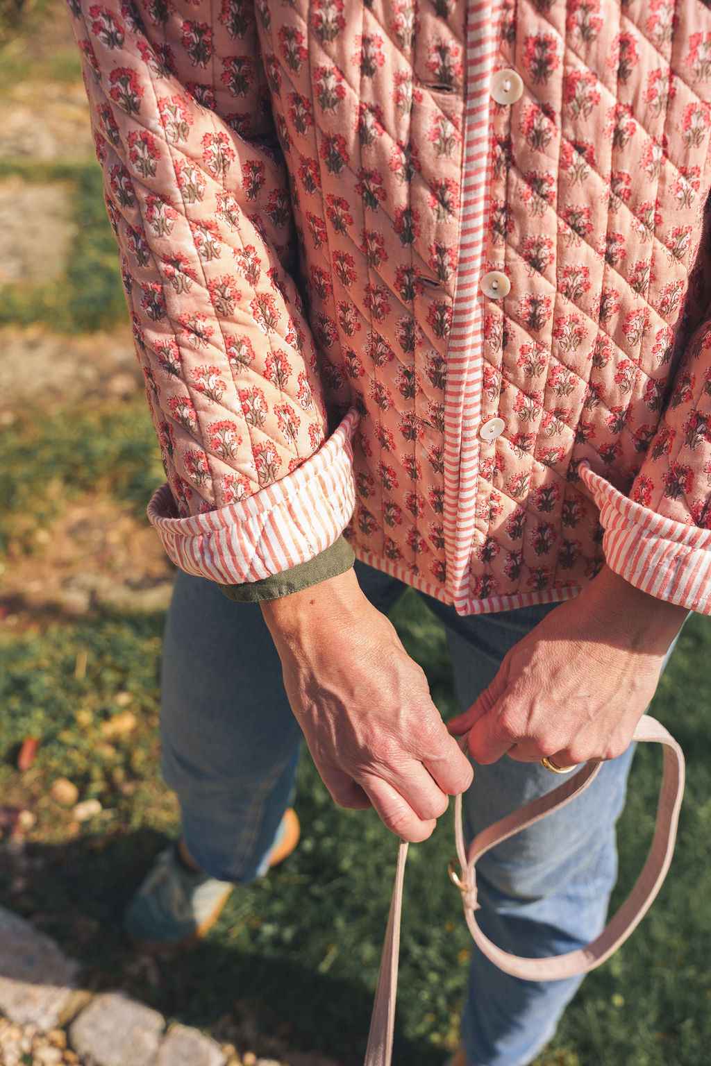 Peachy Pink Block Print Quilted Jacket