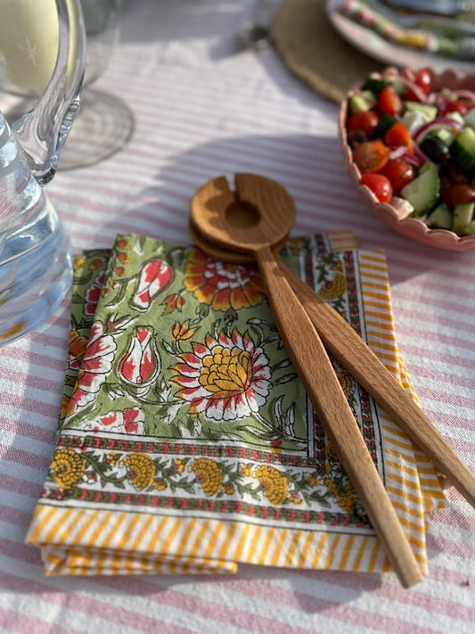 Green & Yellow Marigold Hand Block Printed Napkins