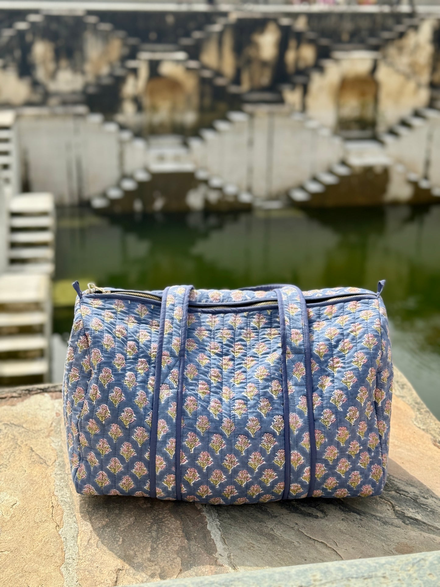 Blue Sprig Block Print Duffle Bag