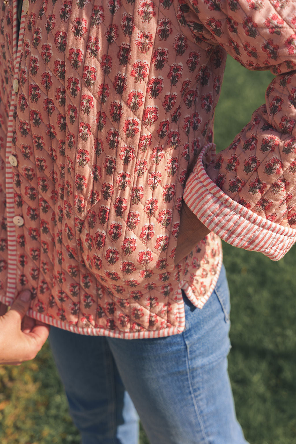 Peachy Pink Block Print Quilted Jacket