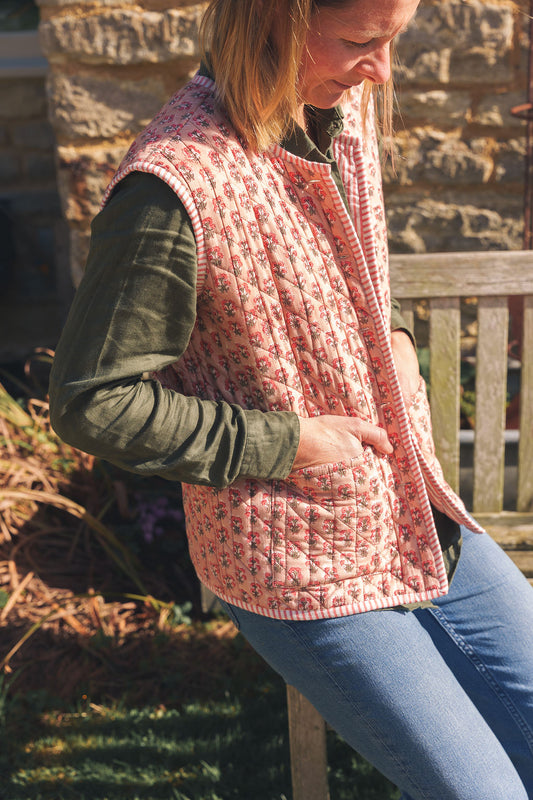 Peachy Pink Block Print Quilted Gilet
