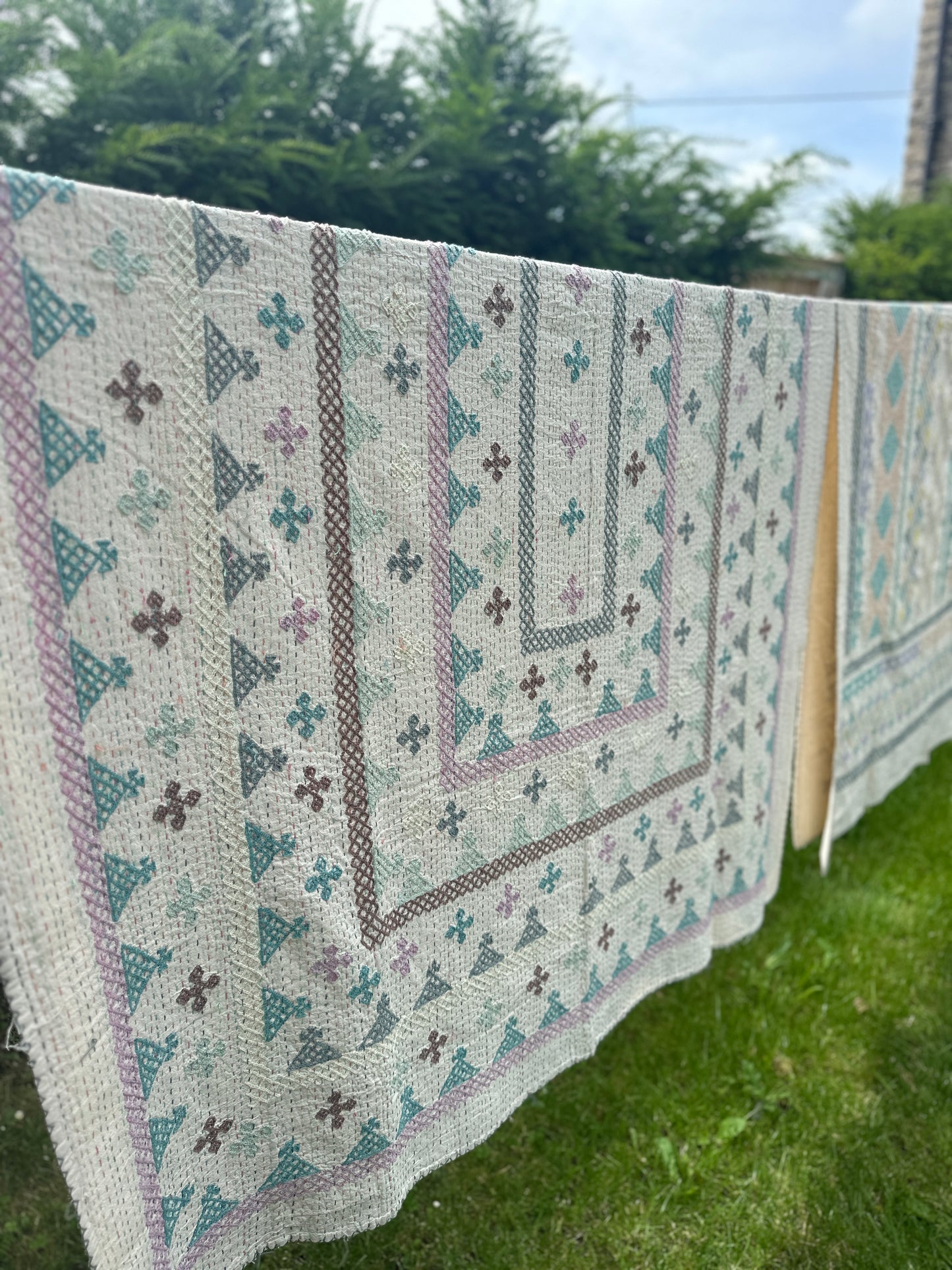 Teal, Mint & Tea Rose Single Kantha Quilt