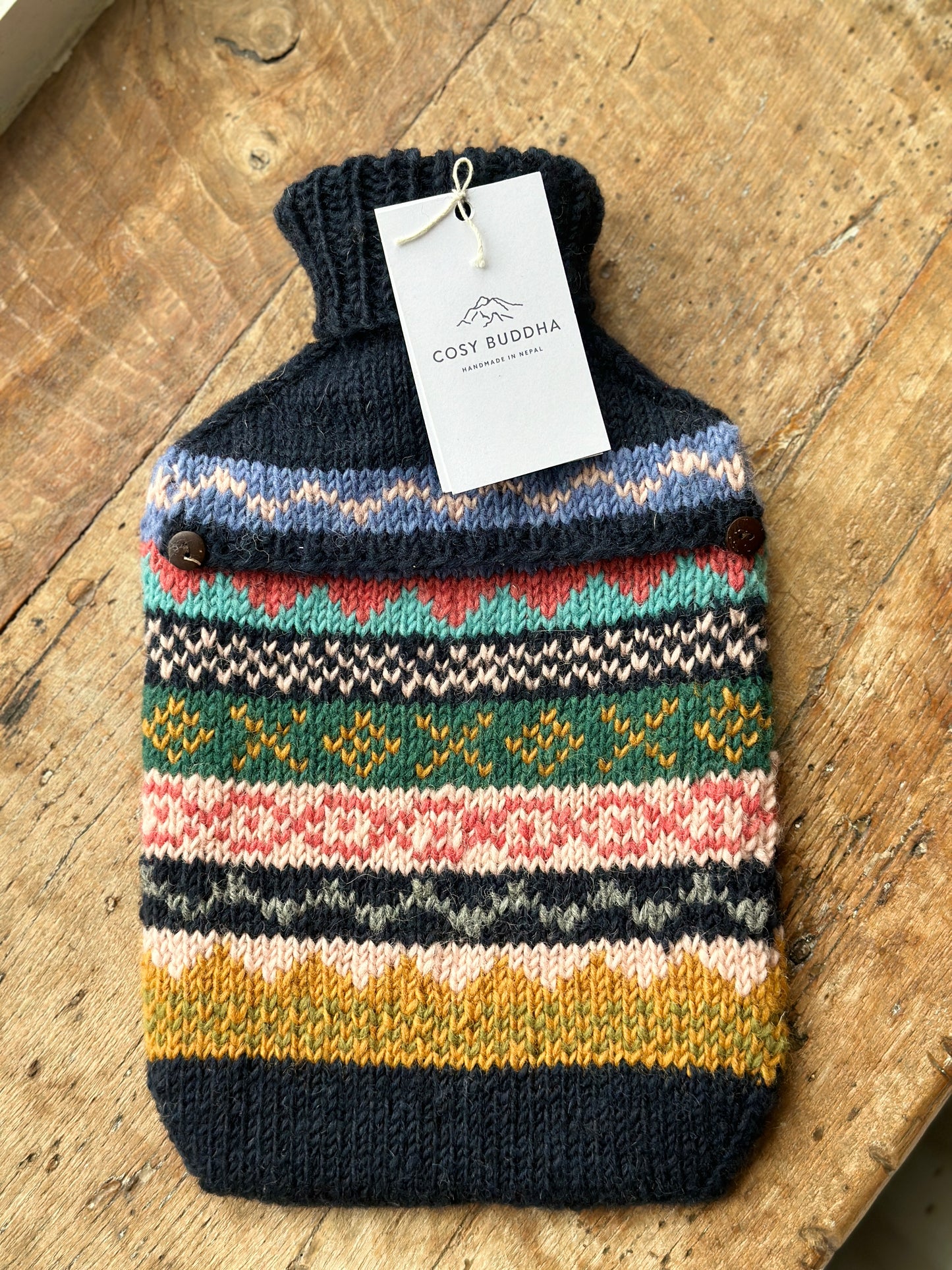 Dark Blue, Coral & Ochre Hand Knitted Fair Isle Hot Water Bottle