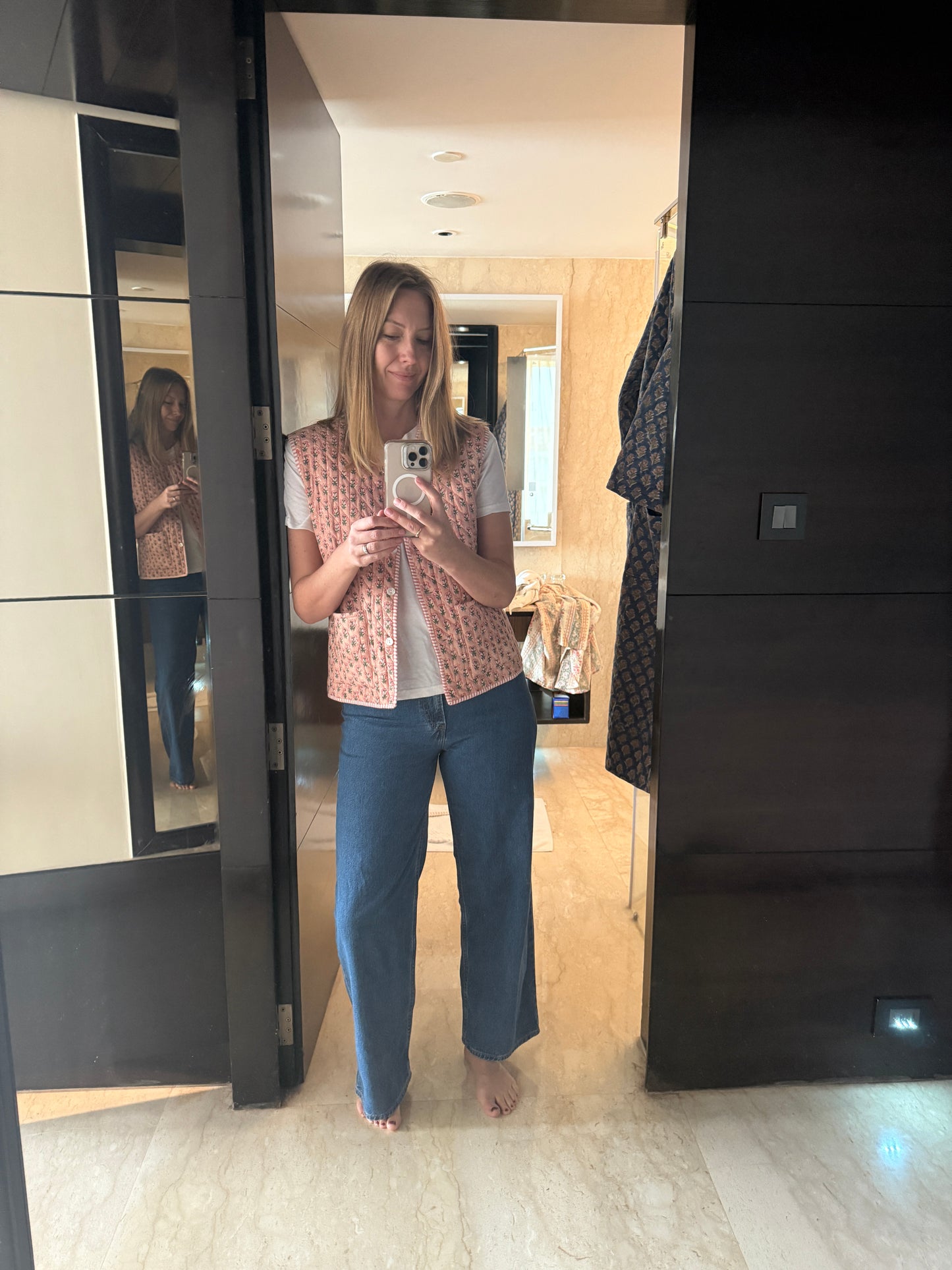 Peachy Pink Block Print Quilted Gilet