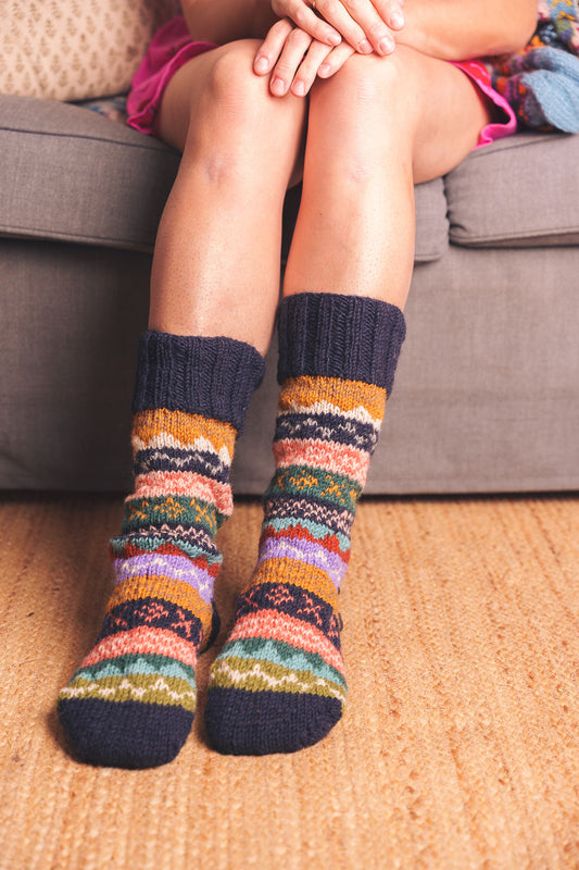 NEW Dark Blue & Mustard Fair Isle Knitted Socks