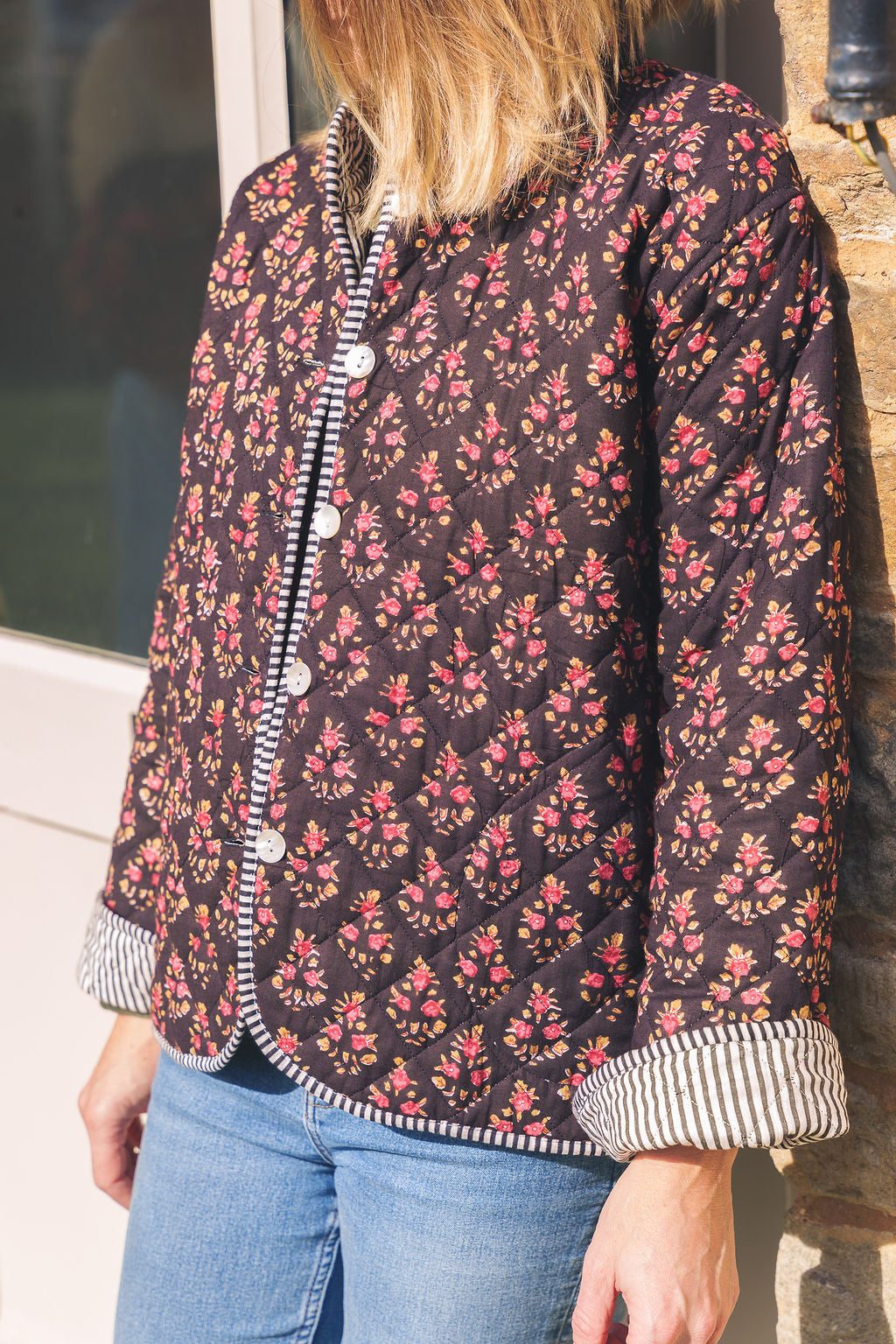 Rosebud Print Black Quilted Jacket