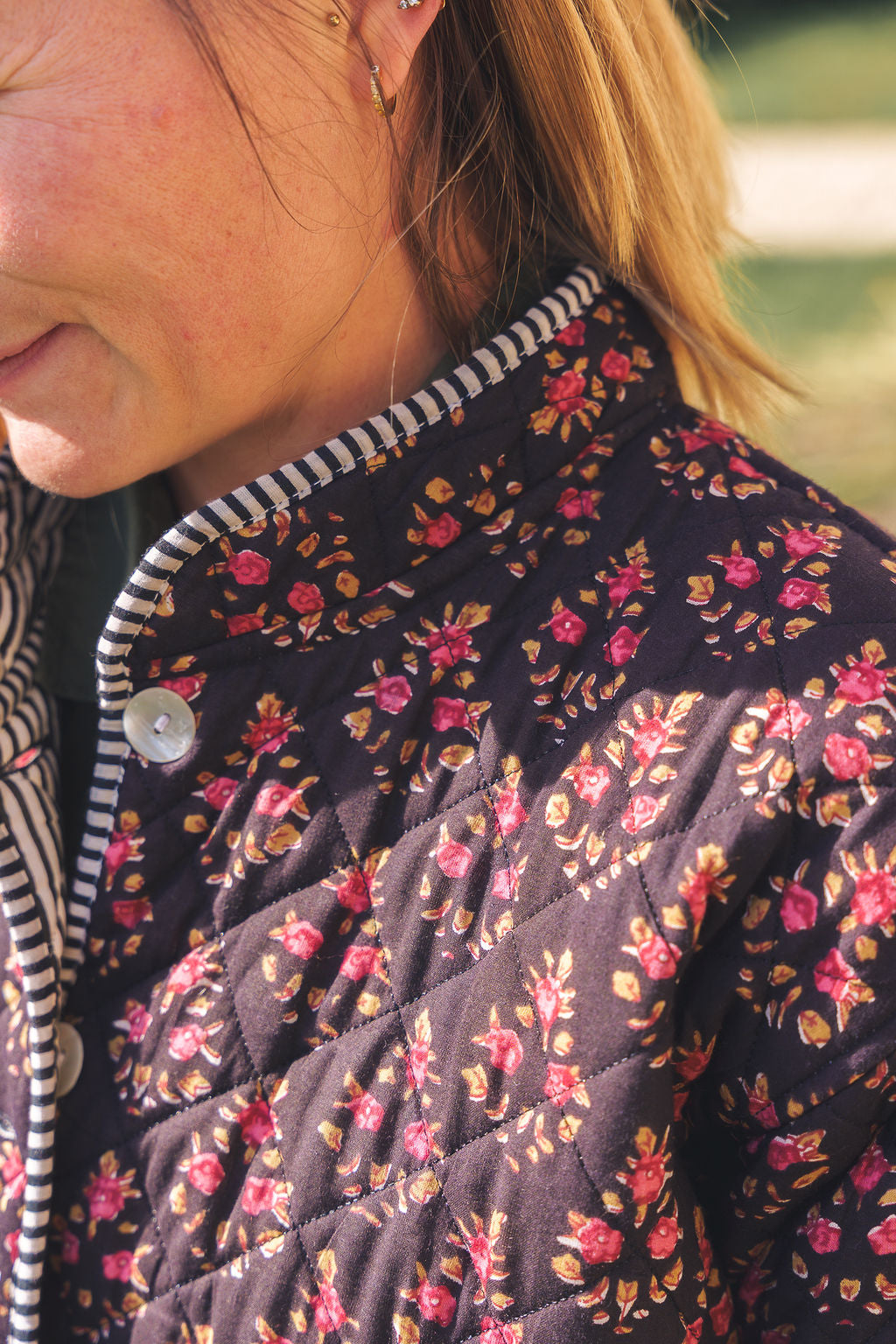 Rosebud Print Black Quilted Jacket