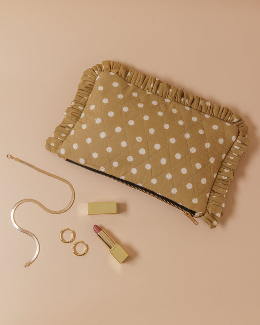 Tobacco Polka Dot Ruffle Clutch
