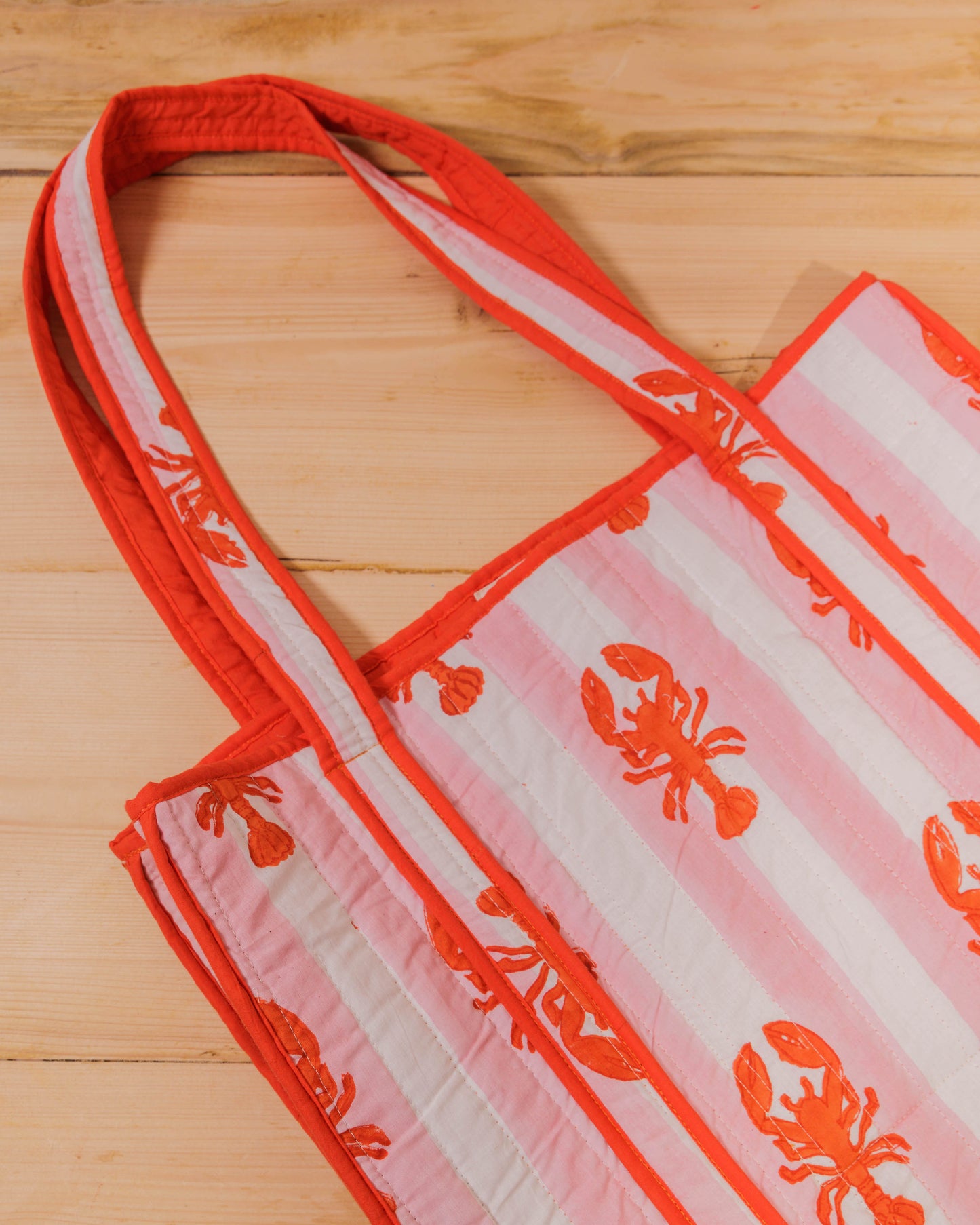 Slight Seconds Pink Stripe Lobster Block Print Tote