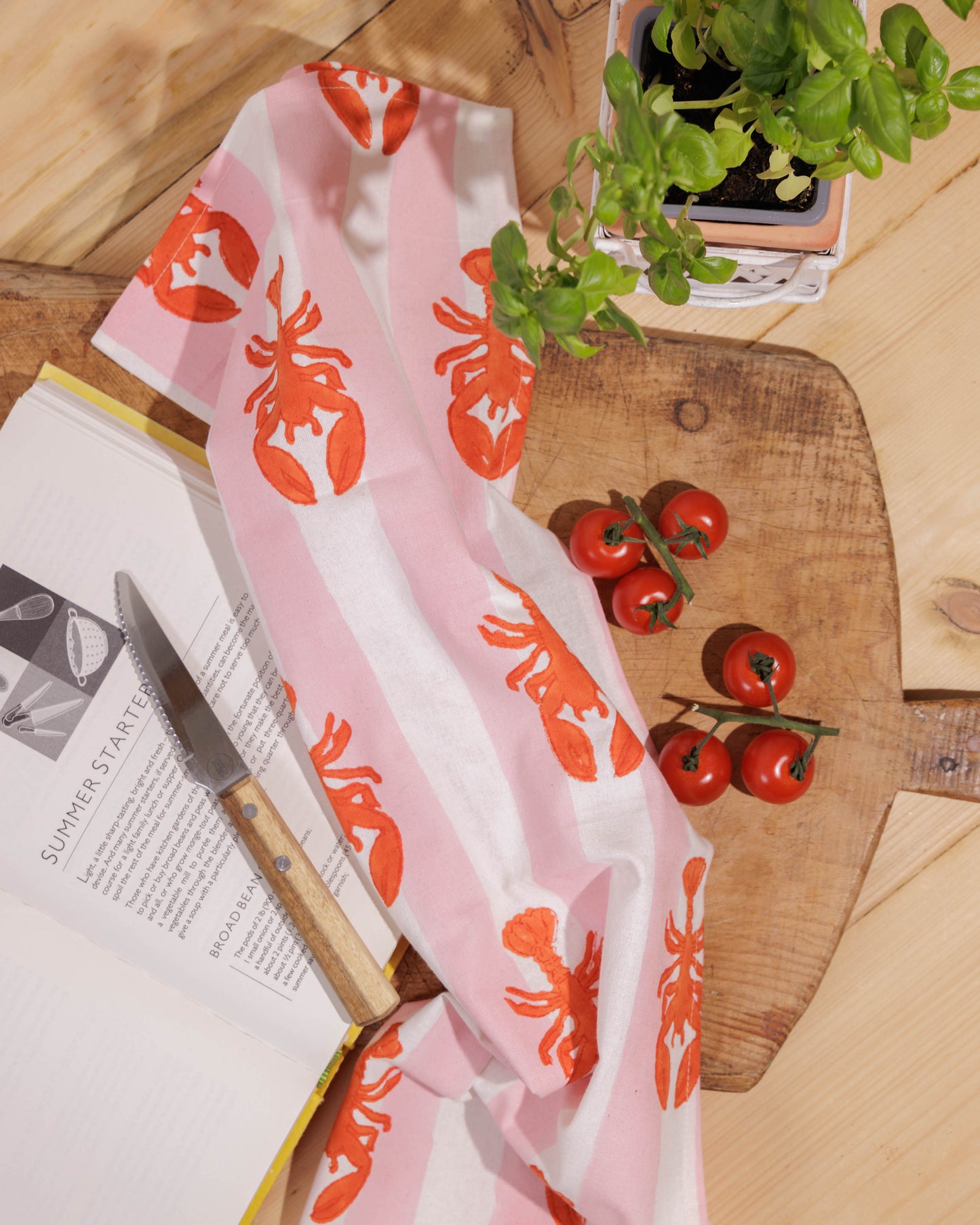 SECONDS Pink Lobster Stripe  Block Print Tea Towel