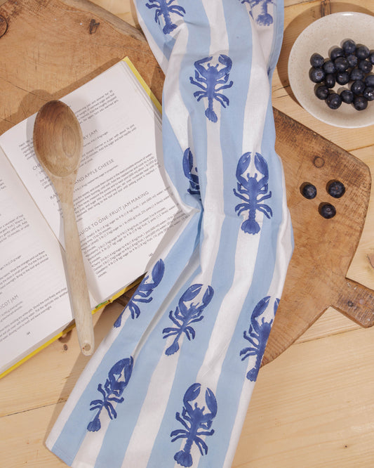 SECONDS Blue Lobster Stripe  Block Print Tea Towel