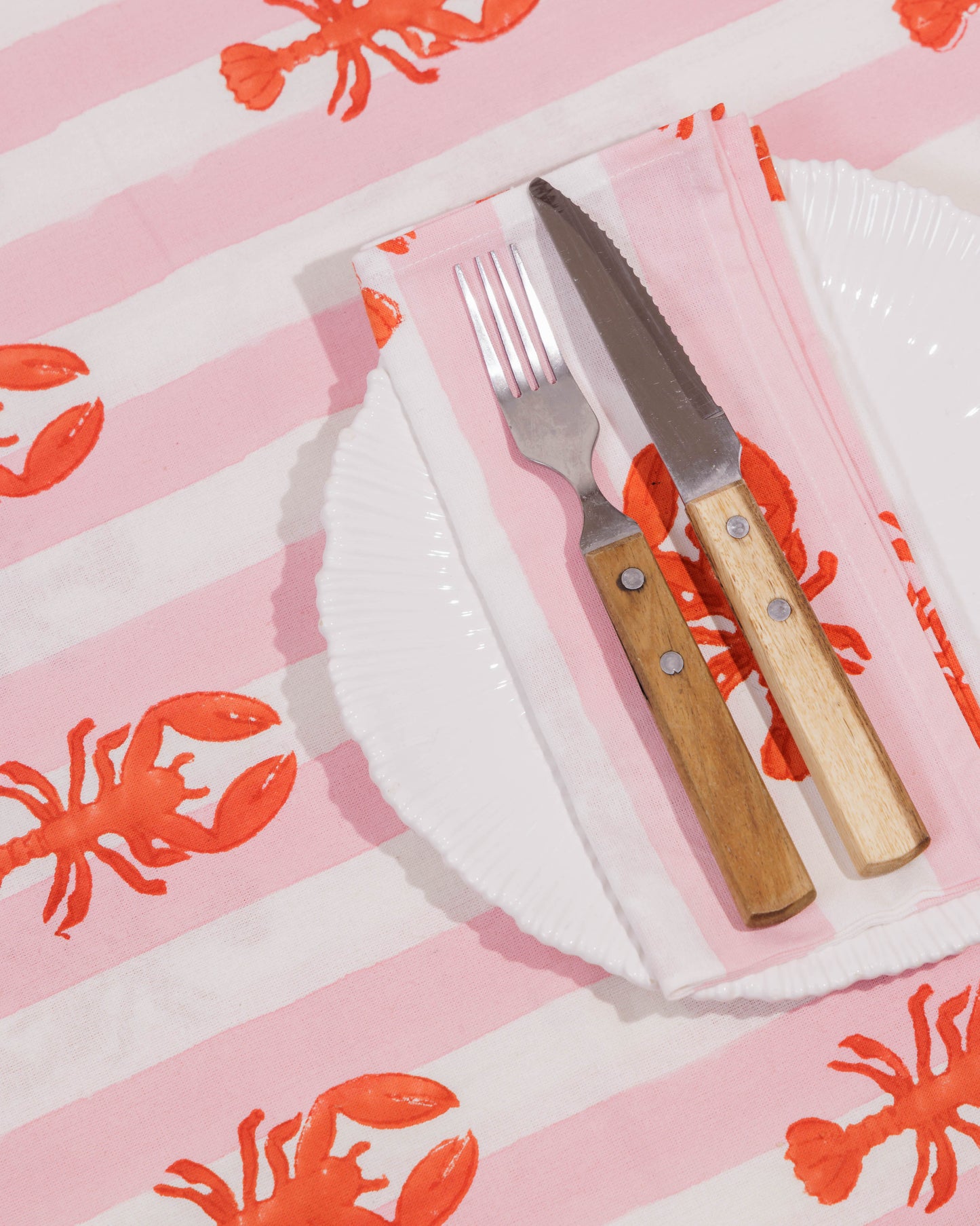 Pink Stripe Lobster Block Print Tablecloth