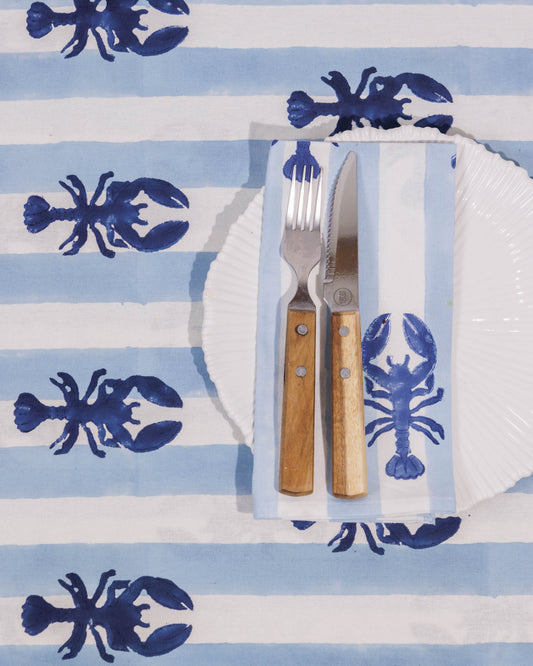 Blue Stripe Blue Lobster Block Print Tablecloth