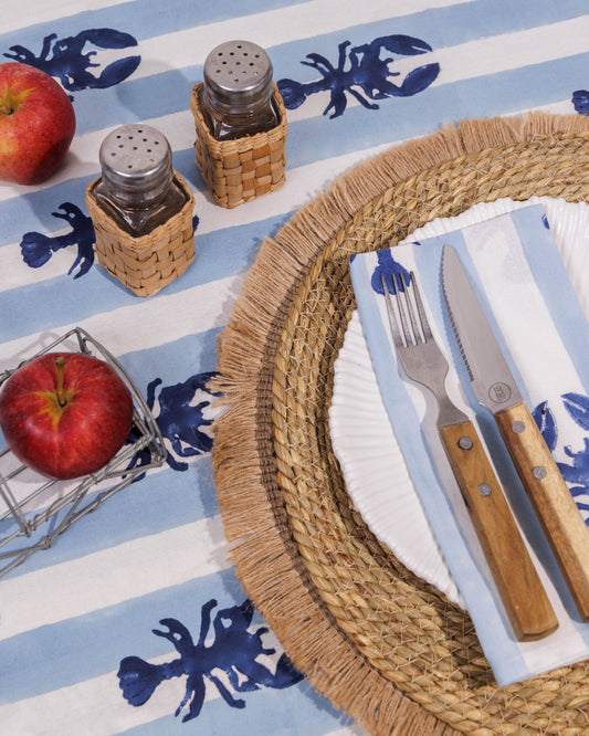 Blue Stripe Blue Lobster Block Print Tablecloth