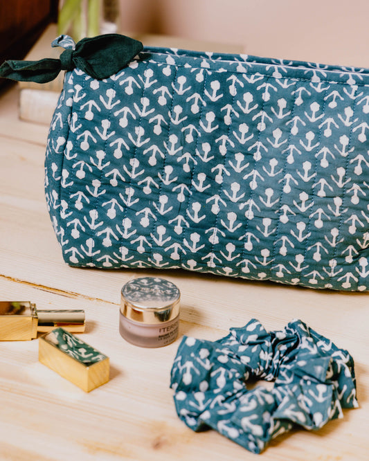 Peacock Green Buti Block Print Wash Bag