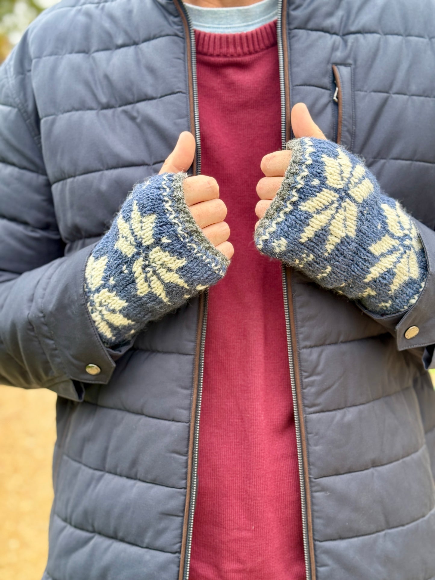 Men’s Blue Snowflake Hand Knitted Wrist Warmers