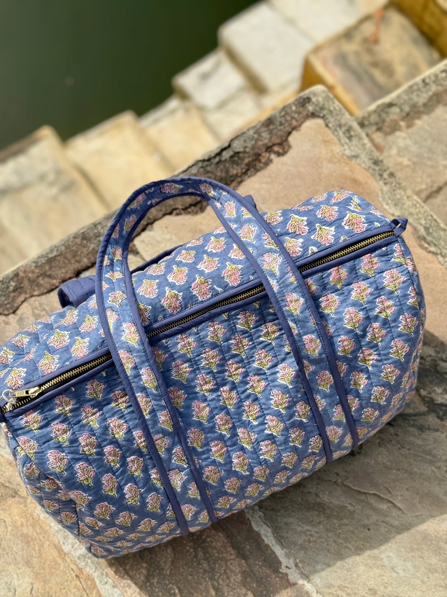 Blue Sprig Block Print Duffle Bag