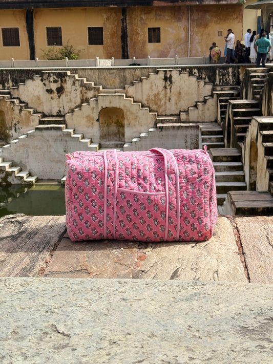 Pink Sprig Block Print Duffle Bag