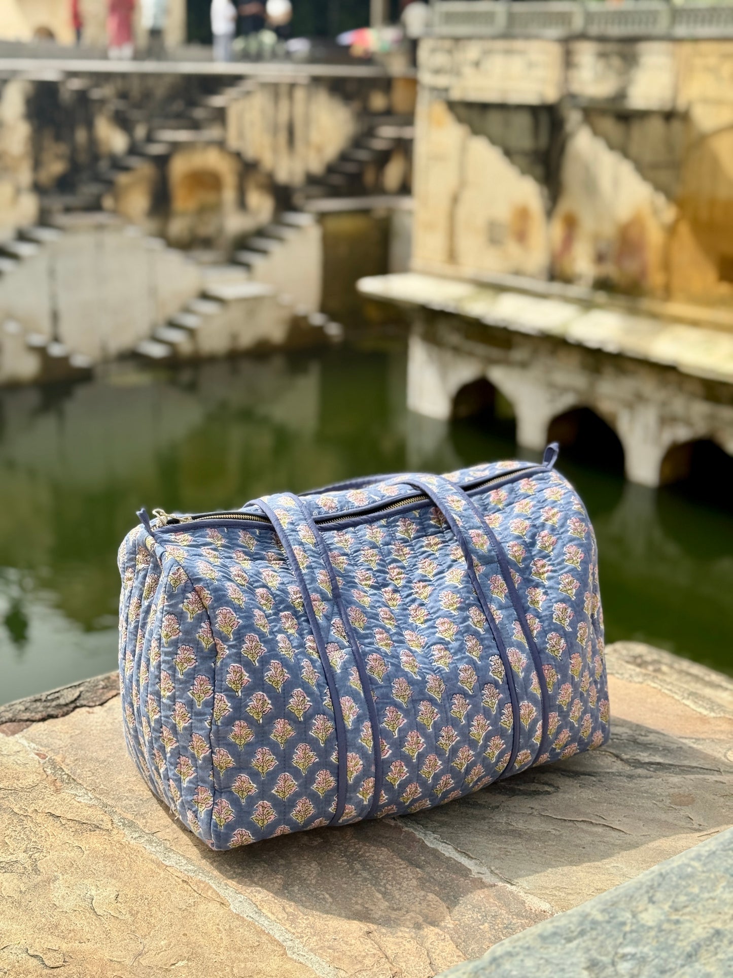 Blue Sprig Block Print Duffle Bag