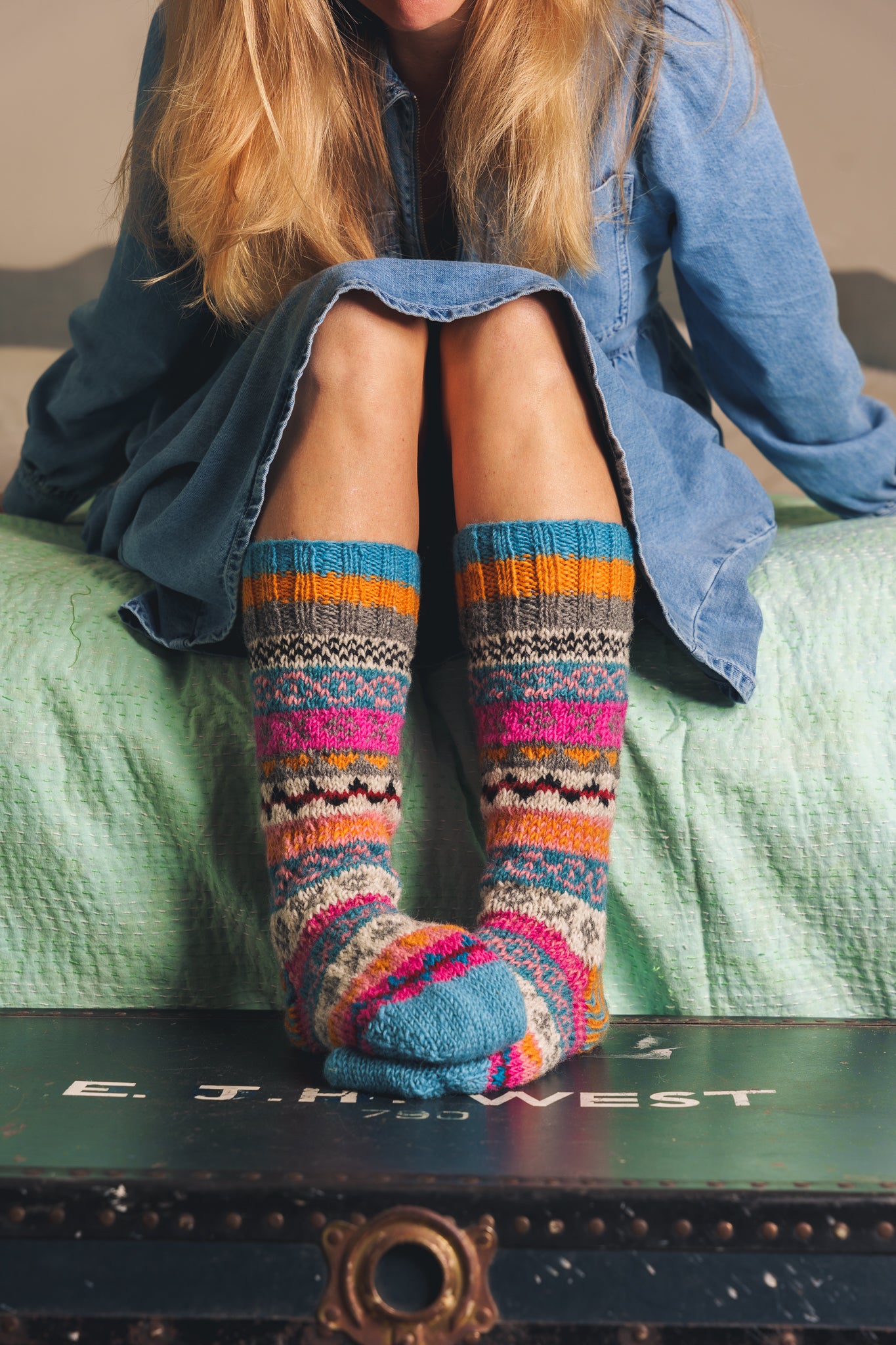 Fuchsia, Mustard and Blue Hand Knitted Fair Isle Socks