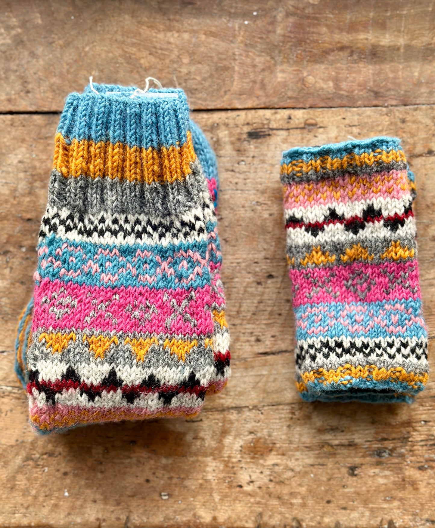 Fuchsia, Mustard and Blue Hand Knitted Fair Isle Wrist Warmers