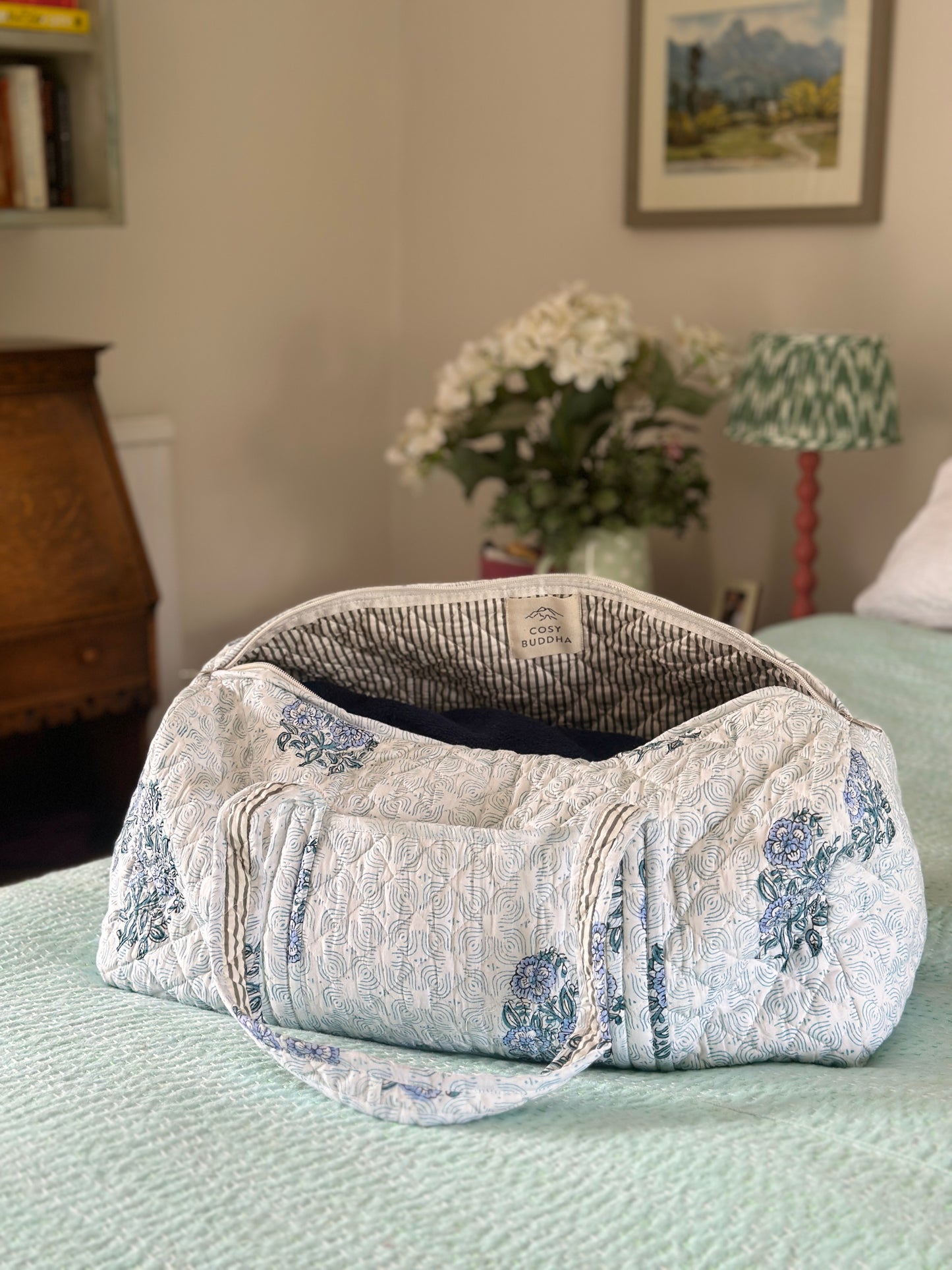 French Blue Floral Block Print Duffel Bag