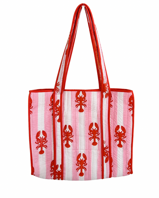 Pink Stripe Lobster Block Print Tote