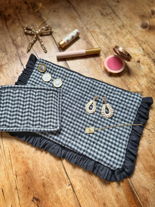 Black and White Gingham Handloom Ruffle Clutch