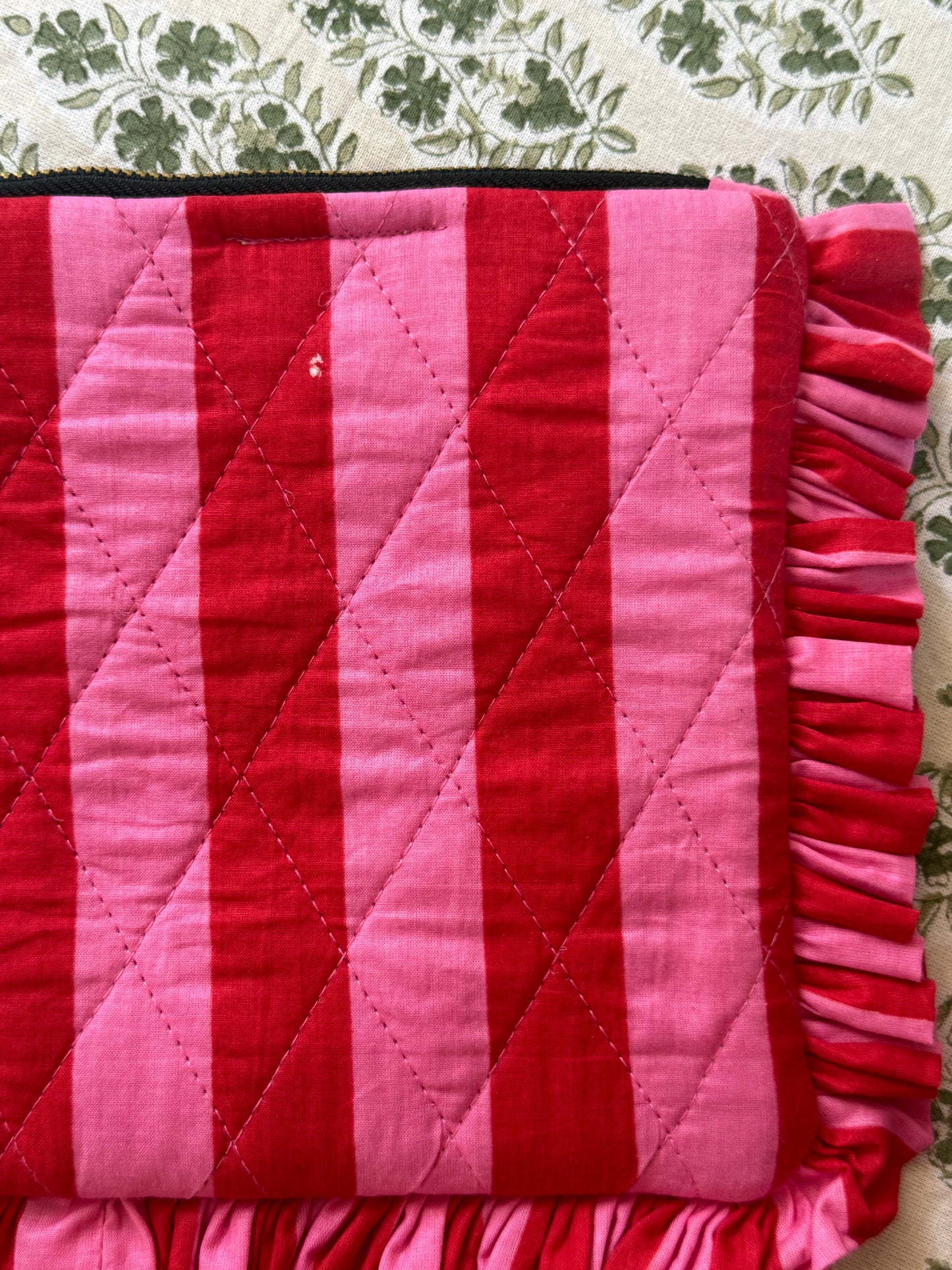 SECONDS Pink and Red Stripe Ruffle Clutch- small white mark